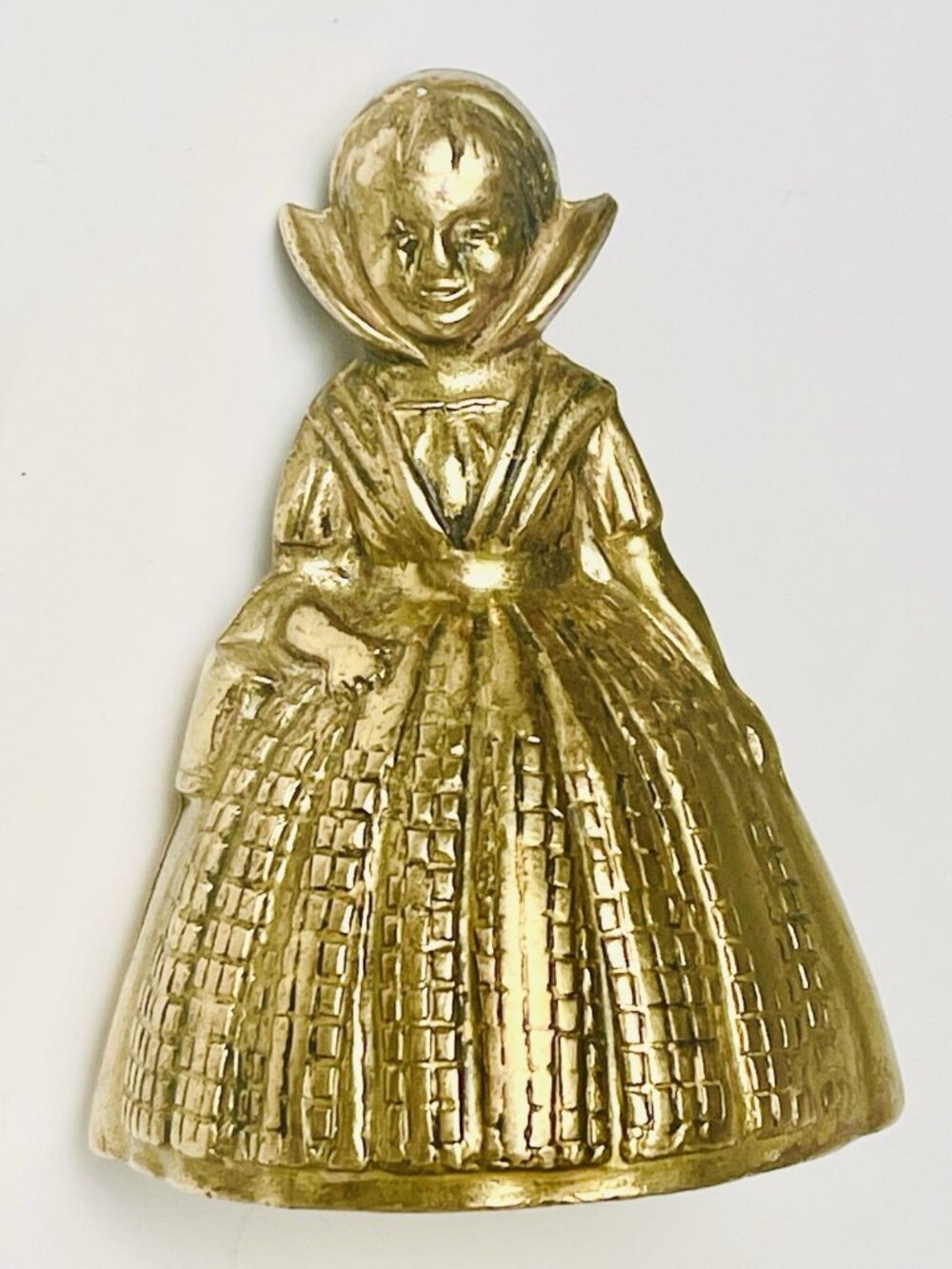 Vintage Brass Dutch Girl Figurine 2.75” Milkmaid Hoop Dress Bell- No Clapper